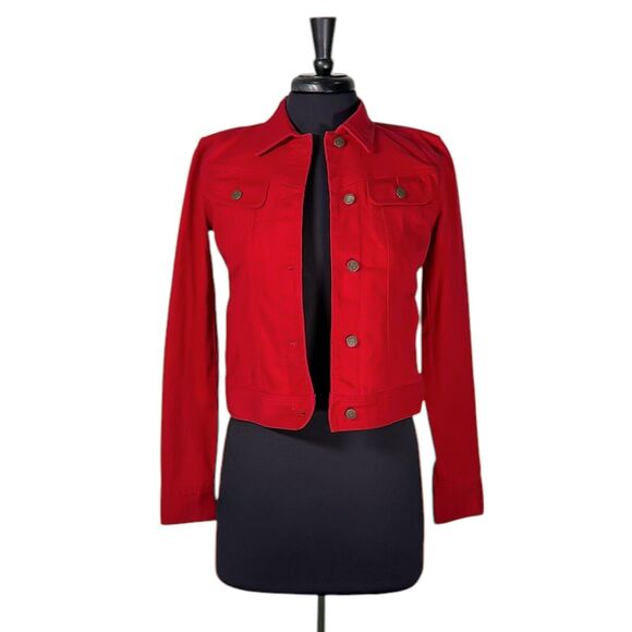 Ralph Lauren Womens Jean Jacket Red Button Front Stretch Denim Preppy Cropped XS - Picture 1 of 9